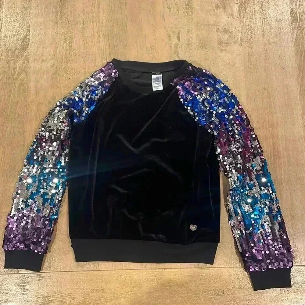 Bebe velvet shirt with sequins sleeves.  Size Large (14).